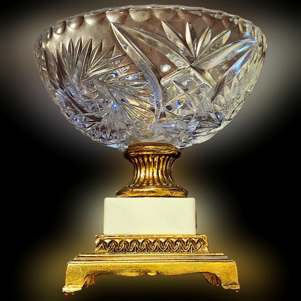 Vtg Western Germany Geniune Lead Crystal Pedastal Candy Dish (Marble & Brass)